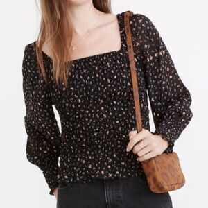Madewell Georgette Lucie Smocked Top Black Floral Size XS Peasant Milkmaid Boho